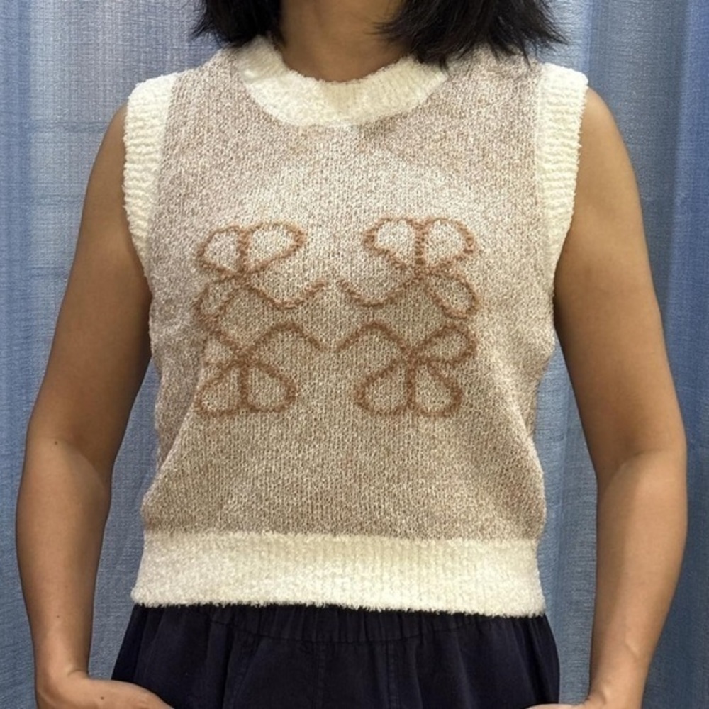 Cream and Brown Sleeveless Knit Top